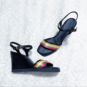 Vintage Wedge Sandal 80s Rainbow Black Satin Ribbon Ankle Strap Square Toe Disco